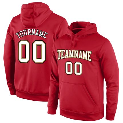 Custom Team Hoodie with Personalized Name and Number - Red White and Old Gold Pullover Sweatshirt Personalized Stitched Red