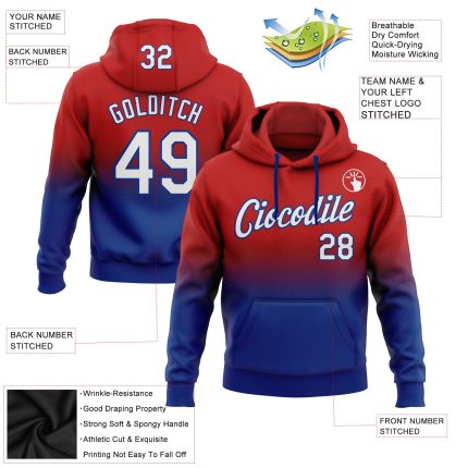 Personalized Red White Royal Fade Sports Hoodie Pullover Sweatshirt for Men and Women Personalized Stitched Red White-Royal