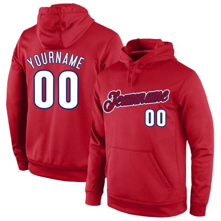 Personalized Sports Hoodie Red White-Royal Stitched Pullover Sweatshirt Personalized Stitched Red White-Royal Sports Pullover