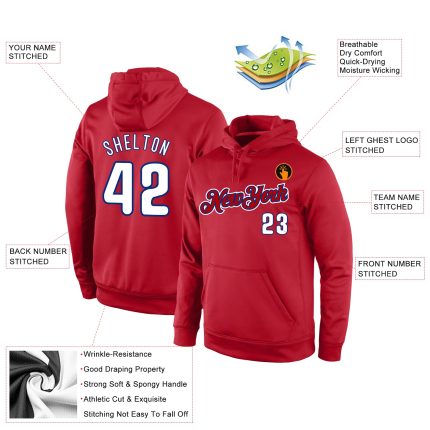 Personalized Sports Hoodie Red White-Royal Stitched Pullover Sweatshirt Personalized Stitched Red White-Royal Sports Pullover