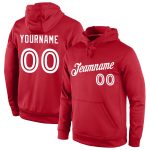 Custom Name and Number Pullover Hoodie for Sports - Personalized Red and White Stitched Sweatshirt Personalized Stitched