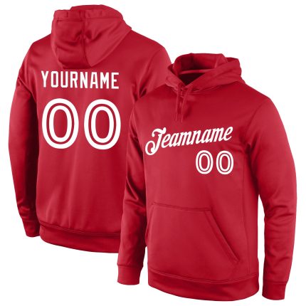 Custom Name and Number Pullover Hoodie for Sports - Personalized Red and White Stitched Sweatshirt Personalized Stitched
