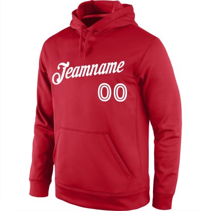 Custom Name and Number Pullover Hoodie for Sports - Personalized Red and White Stitched Sweatshirt Personalized Stitched