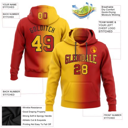 Custom Name Number Sports Hoodie Pullover Sweatshirt Red Yellow Black Gradient Personalized Fashion Team Apparel Personalized