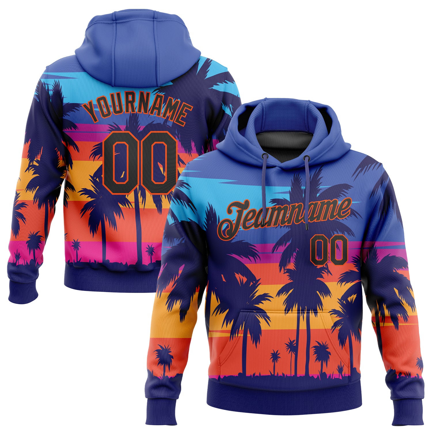 Custom Name and Number Sports Hoodie with 3D Palm Trees Design - Personalized Black-Orange Pullover Sweatshirt Personalized
