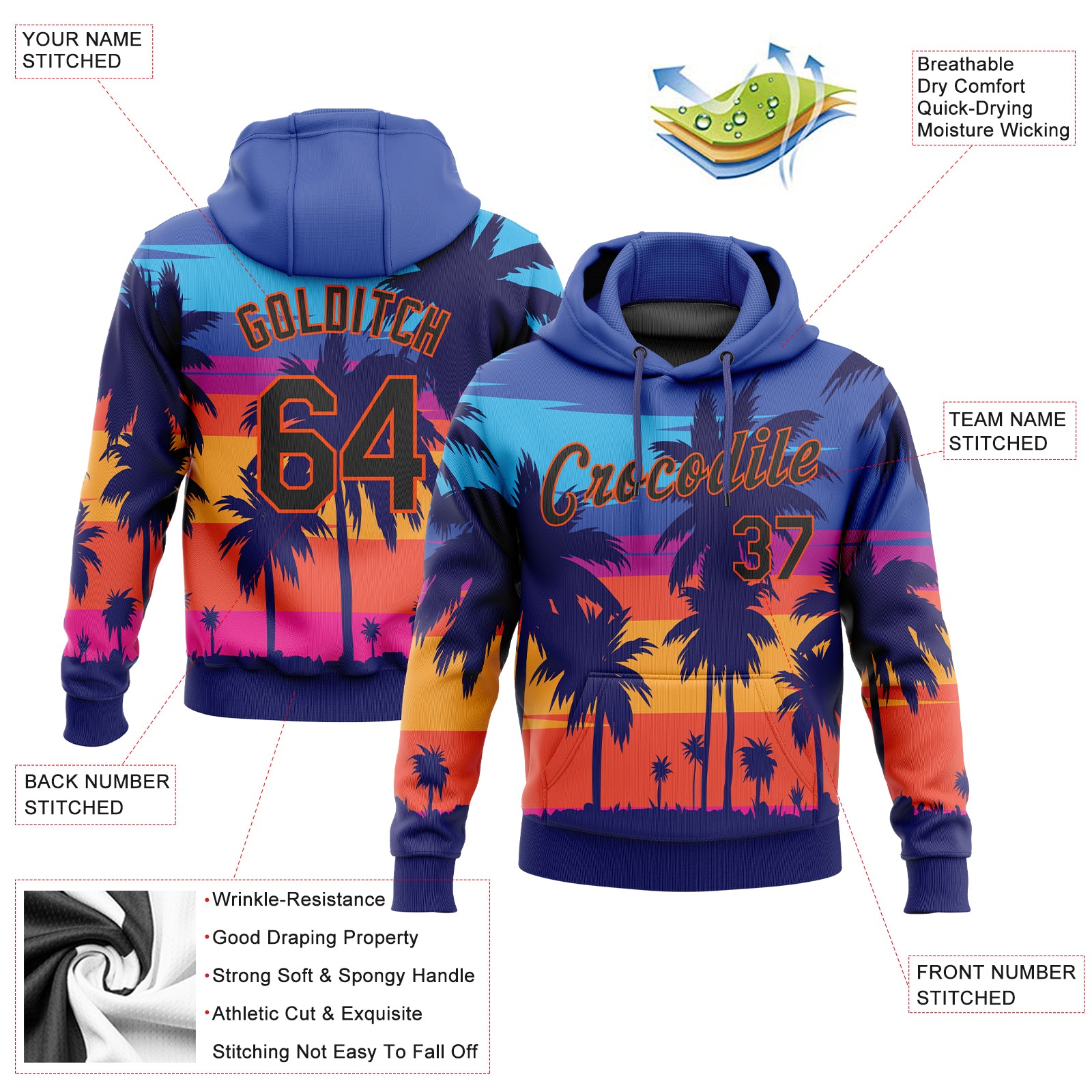 Personalized Stitched Royal Black-Orange 3D Pattern Design Palm Trees Sports Pullover Sweatshirt Hoodie Team Custom Name and Number Custom Name and Number Sports Hoodie with 3D Palm Trees Design - Personalized Black-Orange Pullover Sweatshirt Personalized - Image 2