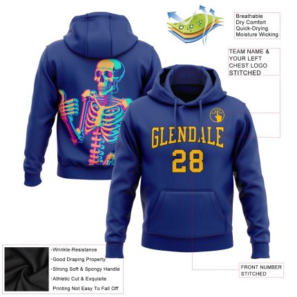 Custom Name and Number 3D Skull Hoodie Sweatshirt in Royal Gold and Black - Personalized Fashion Sports Pullover Personalized