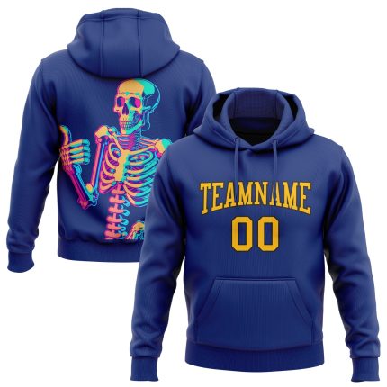 Custom Name and Number 3D Skull Hoodie Sweatshirt in Royal Gold and Black - Personalized Fashion Sports Pullover Personalized