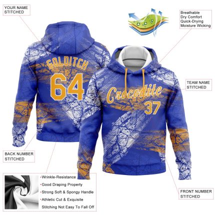 Custom Name Number Sports Hoodie Personalized 3D Pattern Stitched Royal Gold-White Pullover Sweatshirt Personalized Stitched
