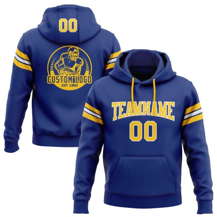 Custom Name Number Royal Gold-White Football Hoodie Pullover Sweatshirt Personalized Team Apparel Personalized Stitched Royal