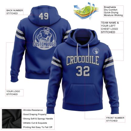 Custom Name Number Pullover Hoodie - Personalized Stitched Royal Gray Black Football Sweatshirt Personalized Stitched Royal
