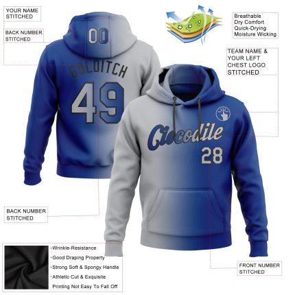 Custom Name & Number Fashion Sports Hoodie - Stitched Royal Gray-Black Gradient Pullover Sweatshirt Personalized Stitched