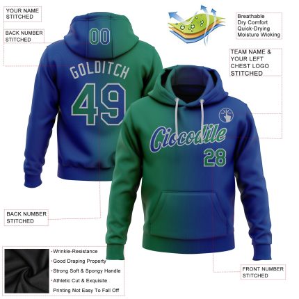 Custom Name Number Hoodie Sweatshirt Pullover for Sports, Personalized Stitched Royal Kelly Green Gray Gradient Fashion Design