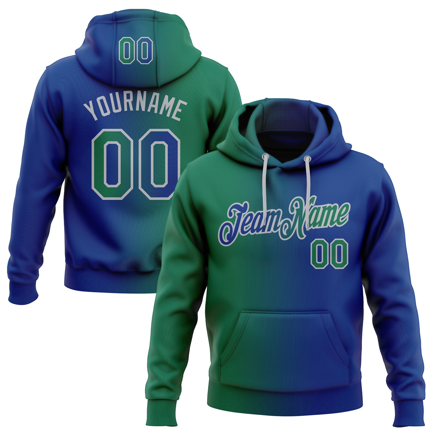 Custom Name Number Hoodie Sweatshirt Pullover for Sports, Personalized Stitched Royal Kelly Green Gray Gradient Fashion Design