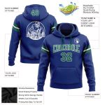 Custom Name Number Football Hoodie Sweatshirt in Stitched Royal Kelly Green and White - Personalized Team Apparel Personalized