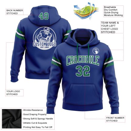 Custom Name Number Football Hoodie Sweatshirt in Stitched Royal Kelly Green and White - Personalized Team Apparel Personalized