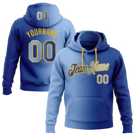 Custom Team Name Number Pullover Hoodie Sweatshirt - Personalized Royal Light Blue Gold Gradient Sports Fashion Personalized