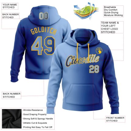 Custom Team Name Number Pullover Hoodie Sweatshirt - Personalized Royal Light Blue Gold Gradient Sports Fashion Personalized