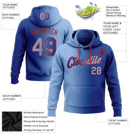 Custom Team Name & Number Royal Light Blue-Red Gradient Sports Hoodie Pullover Sweatshirt - Personalized Fashion Apparel