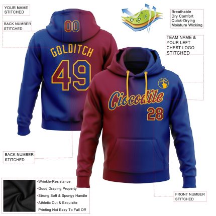 Custom Name Number Maroon Gold Gradient Stitched Sports Hoodie Pullover Sweatshirt Fashion Team Apparel Personalized Stitched