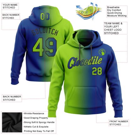 Custom Neon Green-Black Gradient Sports Hoodie with Stitched Name & Number - Personalized Pullover Sweatshirt Personalized