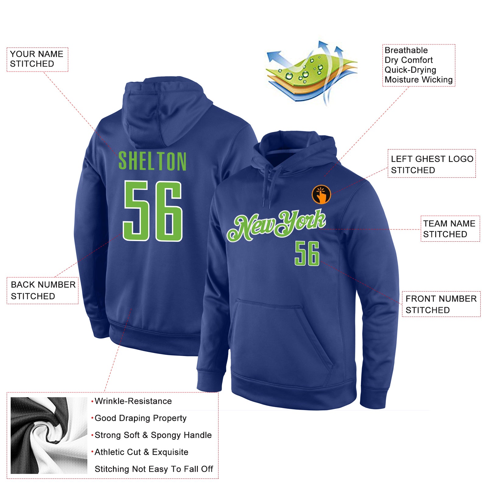 Personalized Stitched Royal Neon Green-White Sports Pullover Sweatshirt Hoodie Team Custom Name and Number Custom Neon Green-White Hoodie for Sports Team, Personalized Stitched Pullover with Name and Number Personalized Stitched - Image 4
