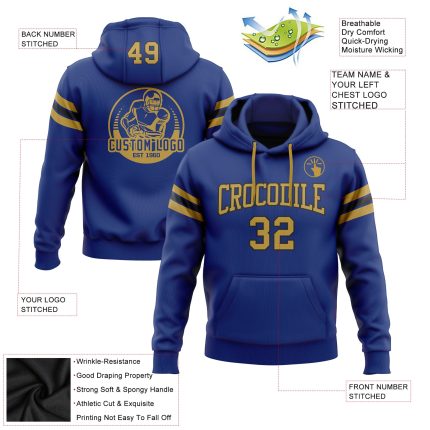 Custom Name and Number Football Hoodie - Personalized Stitched Royal Old Gold and Black Pullover Sweatshirt Personalized