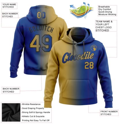 Custom Name Number Sports Hoodie - Personalized Stitched Royal Old Gold Black Gradient Pullover Sweatshirt Personalized Stitched