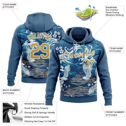 Custom Name Number Sports Hoodie Pullover Sweatshirt Crane Cloud 3D Pattern Royal Old Gold White Design Personalized Stitched