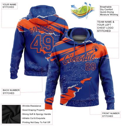Custom Name and Number Sports Hoodie with Personalized Stitched Royal Orange 3D Pattern Torn Paper Style Sweatshirt Personalized