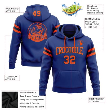 Custom Name Number Football Hoodie Sweatshirt in Royal Orange-Black Stitched Design - Personalized Pullover Personalized