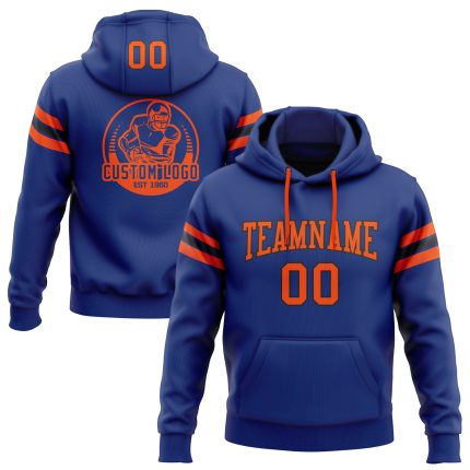 Custom Name Number Football Hoodie Sweatshirt in Royal Orange-Black Stitched Design - Personalized Pullover Personalized