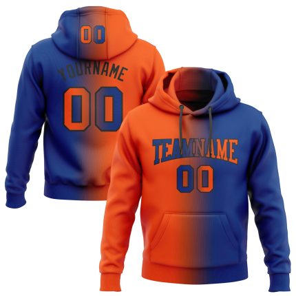 Custom Name & Number Royal Orange-Black Gradient Sports Hoodie Pullover Sweatshirt - Personalized Team Apparel Personalized