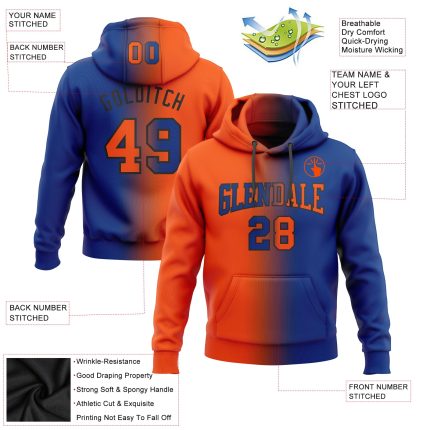 Custom Name & Number Royal Orange-Black Gradient Sports Hoodie Pullover Sweatshirt - Personalized Team Apparel Personalized