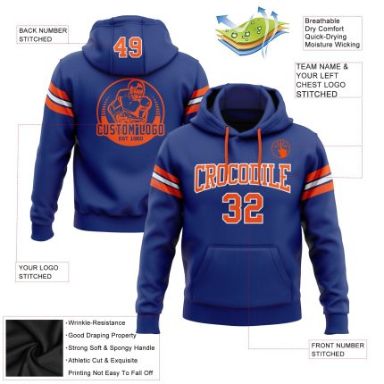 Custom Name and Number Royal Orange-White Football Hoodie Sweatshirt - Personalized Stitched Team Apparel Personalized Stitched