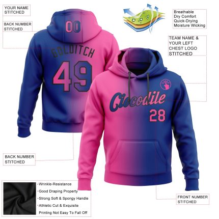 Custom Name and Number Sports Hoodie - Stitched Royal Pink-Black Gradient Pullover Sweatshirt Personalized Stitched Royal