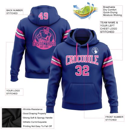 Custom Name & Number Personalized Royal Pink-White Football Hoodie Pullover Sweatshirt Personalized Stitched Royal Pink-White