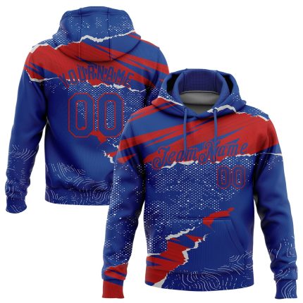 Custom Name Number Sports Hoodie 3D Torn Paper Design Royal Red Pullover Sweatshirt - Personalized Stitched Team Apparel