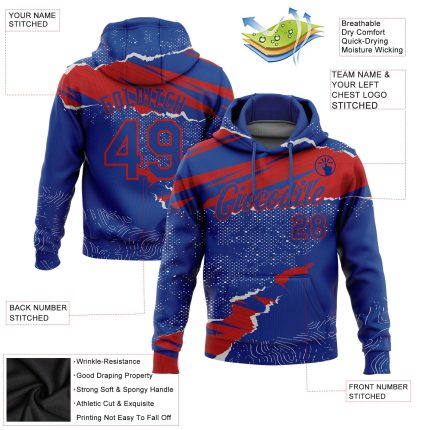Custom Name Number Sports Hoodie 3D Torn Paper Design Royal Red Pullover Sweatshirt - Personalized Stitched Team Apparel