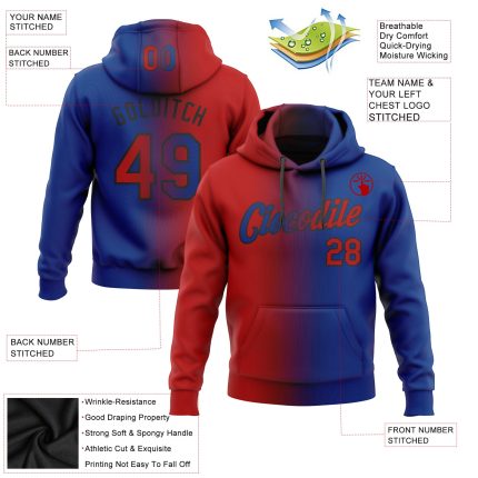 Custom Name Number Sports Hoodie Pullover Sweatshirt - Personalized Royal Red Black Gradient Fashion Personalized Stitched