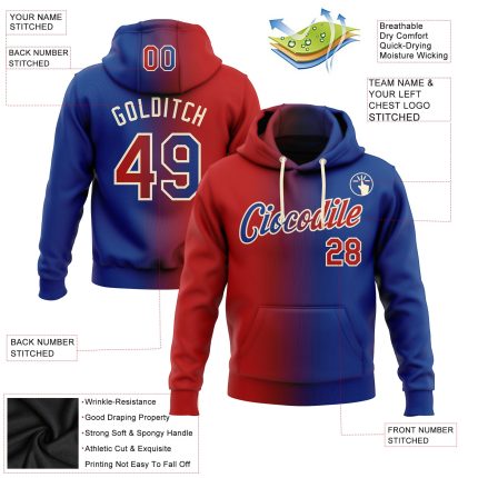 Custom Royal Red-Cream Gradient Sports Hoodie Pullover Sweatshirt with Personalized Name and Number Personalized Stitched