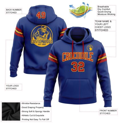 Custom Royal Red-Gold Football Hoodie with Stitched Name & Number - Personalized Pullover Sweatshirt Personalized Stitched