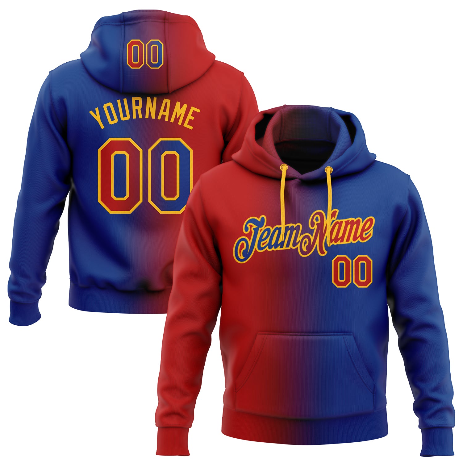 Custom Team Name and Number Pullover Hoodie Sweatshirt - Royal Red-Gold Gradient Fashion Sports Apparel Personalized Stitched