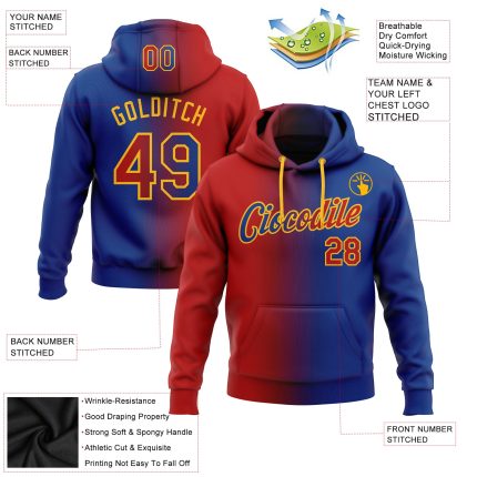 Custom Team Name and Number Pullover Hoodie Sweatshirt - Royal Red-Gold Gradient Fashion Sports Apparel Personalized Stitched