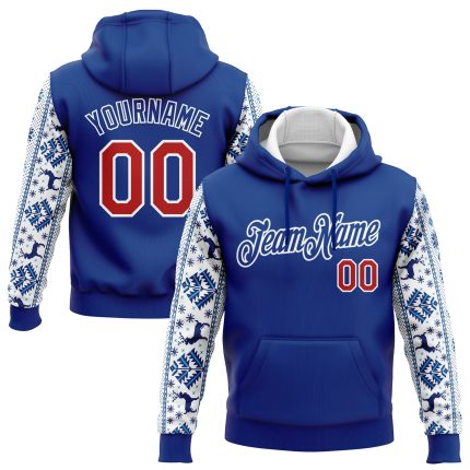 Custom Name Number 3D Sports Hoodie Pullover - Personalized Royal Red-White Christmas Sweatshirt Personalized Stitched Royal
