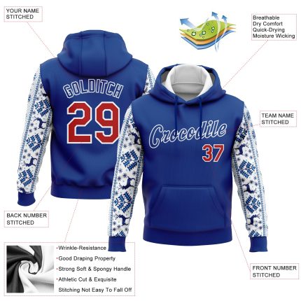 Custom Name Number 3D Sports Hoodie Pullover - Personalized Royal Red-White Christmas Sweatshirt Personalized Stitched Royal