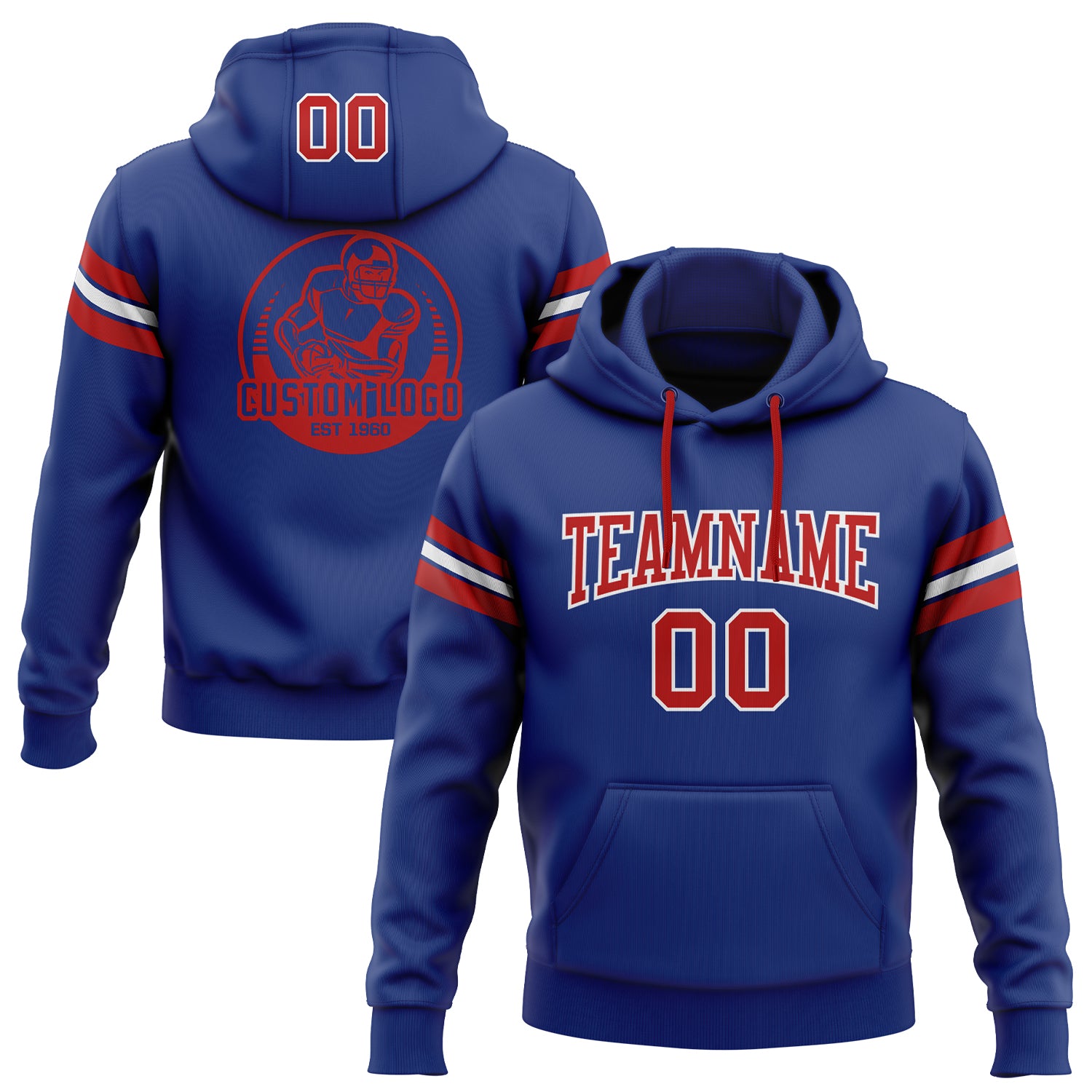Custom Royal Red-White Football Hoodie with Name & Number - Personalized Stitched Pullover Sweatshirt Personalized Stitched