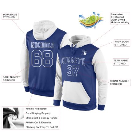 Custom Name and Number Royal White Sports Hoodie Pullover Sweatshirt - Personalized Stitched Team Apparel Personalized Stitched