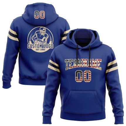 Custom Name Number Vintage USA Flag Football Hoodie Cream-Black Stitched Pullover Sweatshirt Personalized Stitched Royal