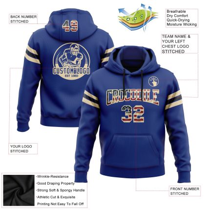 Custom Name Number Vintage USA Flag Football Hoodie Cream-Black Stitched Pullover Sweatshirt Personalized Stitched Royal